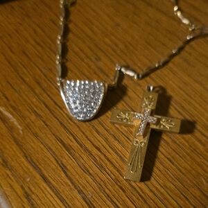 Elegant Gold Diamond Paved Pendant and Silver Cross Necklace